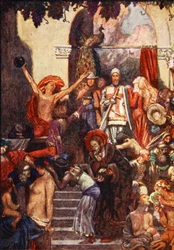 W mieście odbywał się Jarmark próżności, ilustracja z „Wędrówki pielgrzyma” Johna Bunyana, opowiedziana przez Mary Macgregor, wydana przez T.C. i EC Jack, 1907